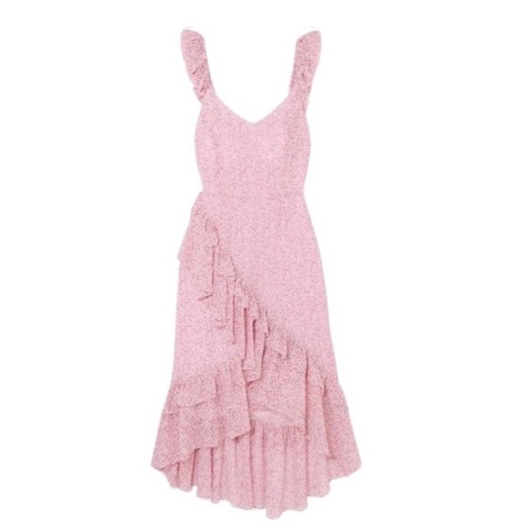 Stunning LOVESHACKFANCY SILK Maeve Dress Floral Chiffon Midi Dress in Rouge Pink - Picture 6 of 13